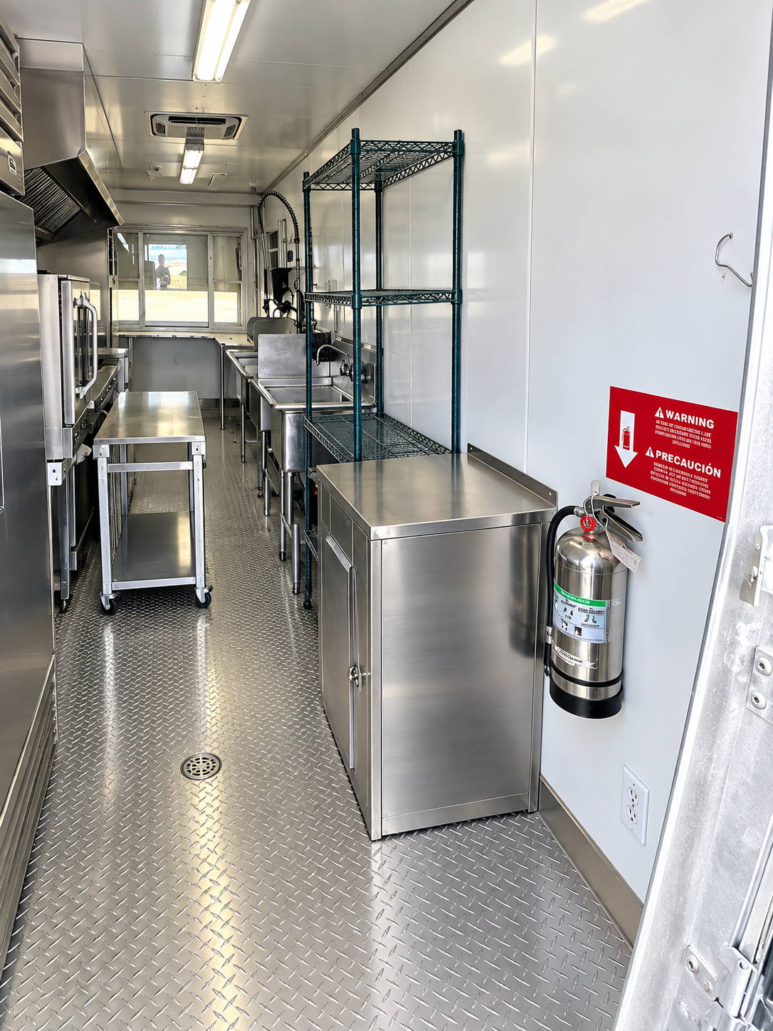 Commercial mobile kitchen interior with preparation and cooking equipment