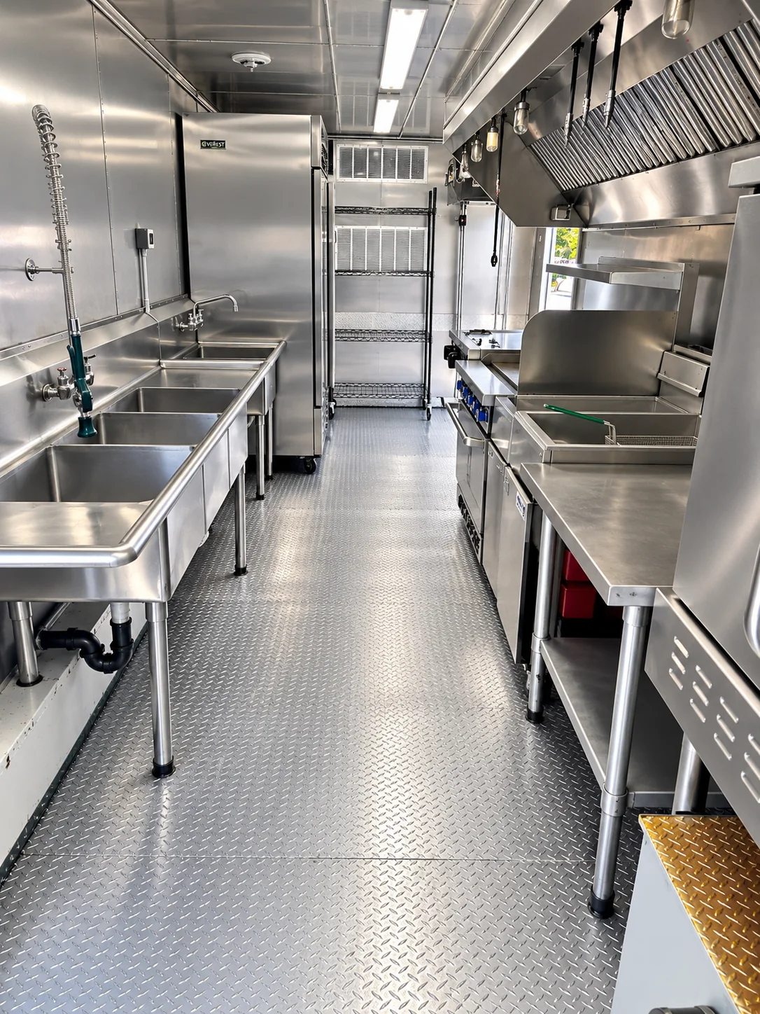 Kitchen working aisle with sinks and cooking equipment