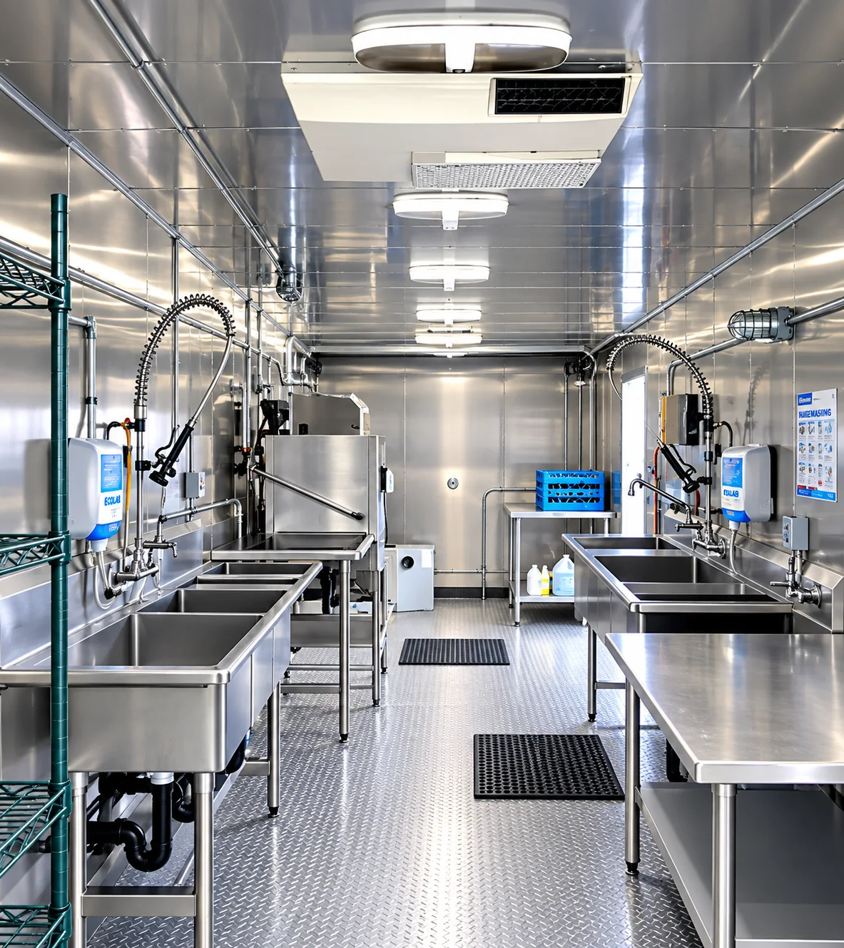 Dishwashing trailer working aisle, sinks, and shelving