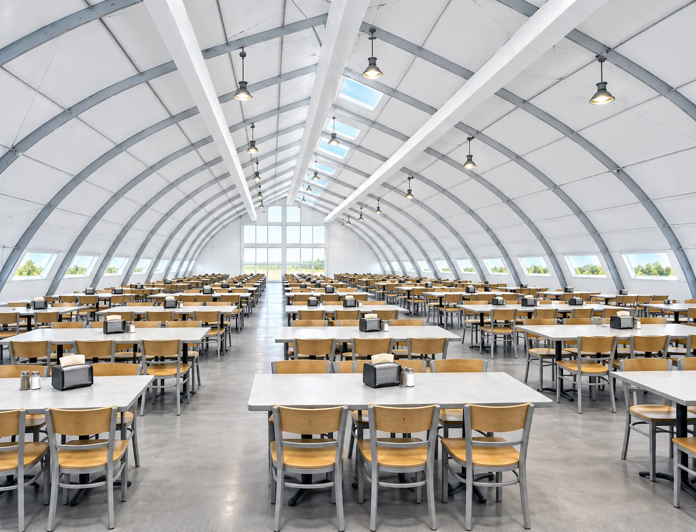 Dining hall with rows of tables and chairs