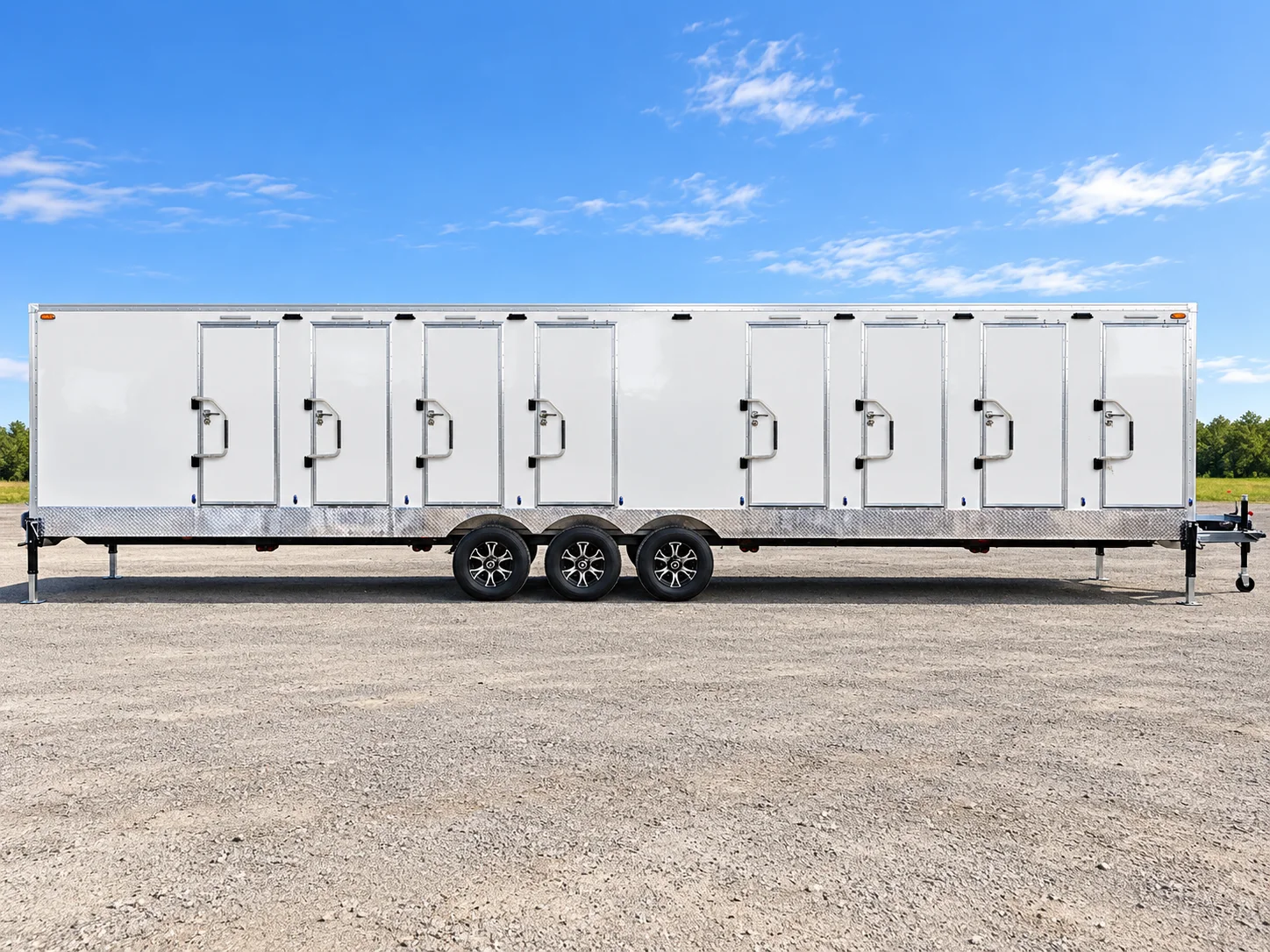Combination shower-restroom trailer side exterior